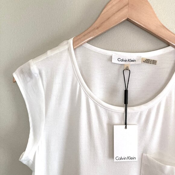 NEW! CALVIN KLEIN White Dressy Tee Cap Sleeve Sz XS - Picture 3 of 6